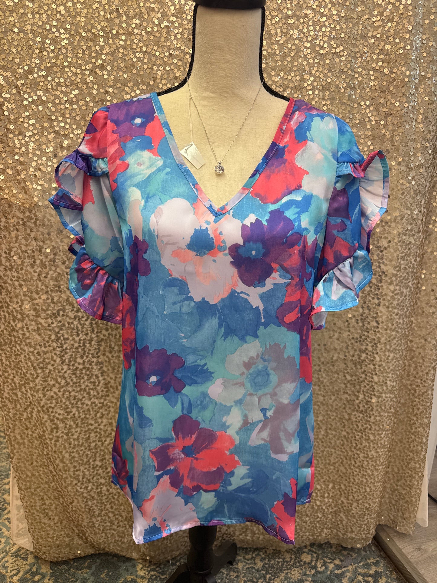 FSL BLUE VIOLET PRINTED RUFFLED TULIP SLEEVE TOP