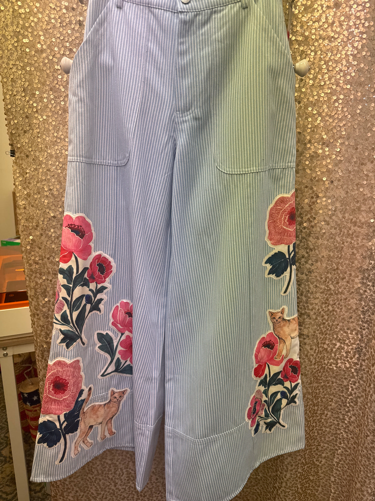 D&D BLUE STRIPE PANTS WIDE LEG WITH CAT