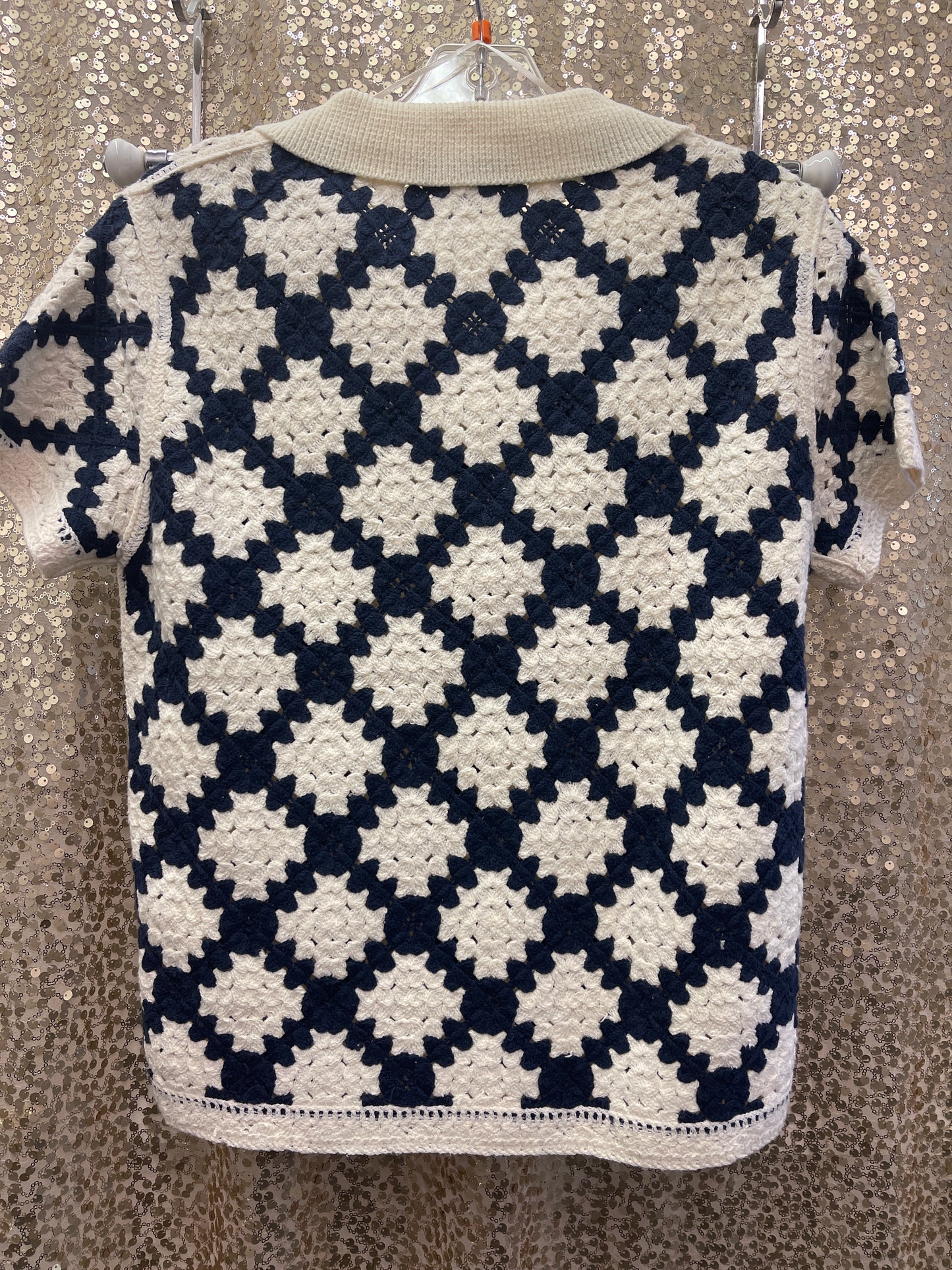CB COLLARED CROCHET TOP MARINE NAVY SHORT SLEEVE