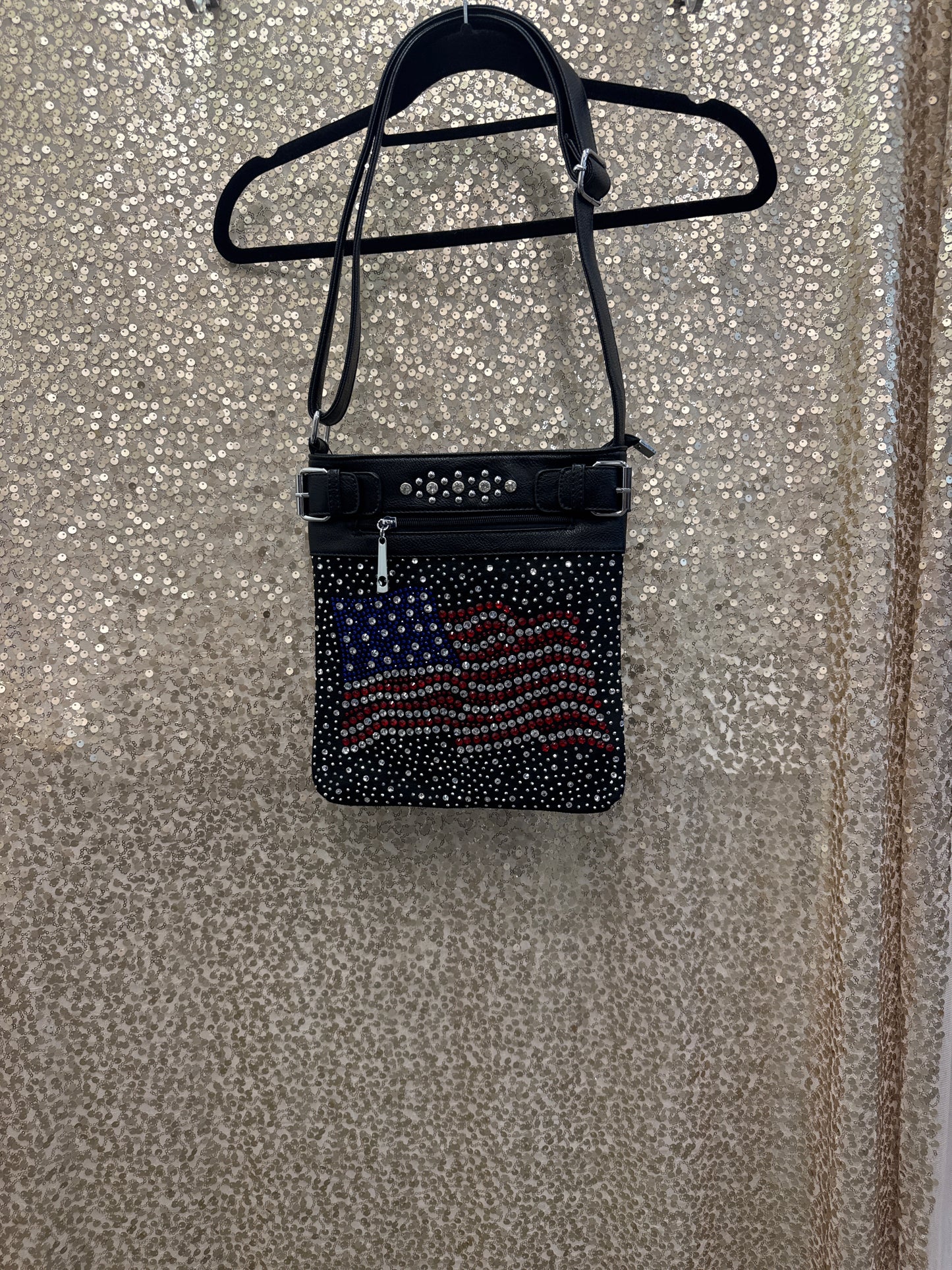 HANDBAG EXPRESS LARGE RHINESTONES BLING FLAG CROSSBODYwL