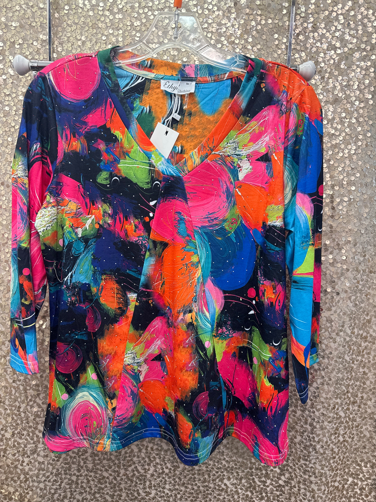 ETHYL MULTI PULL OVER V NECK TOP WITH BLING