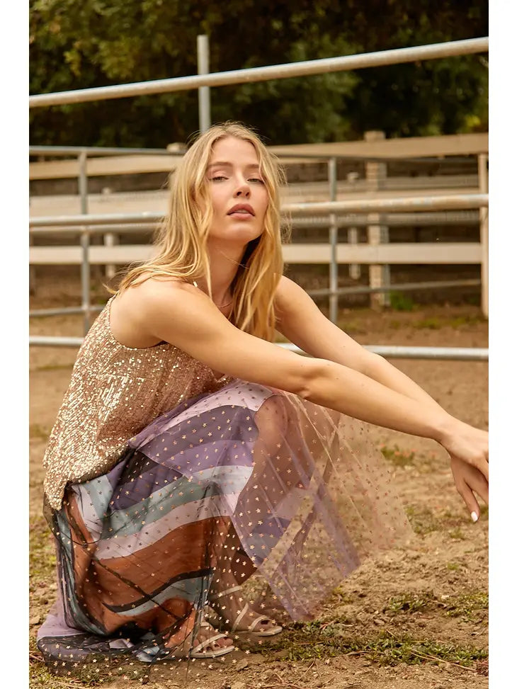 STAR FOILED MESH COLOR BLOCK SKIRT