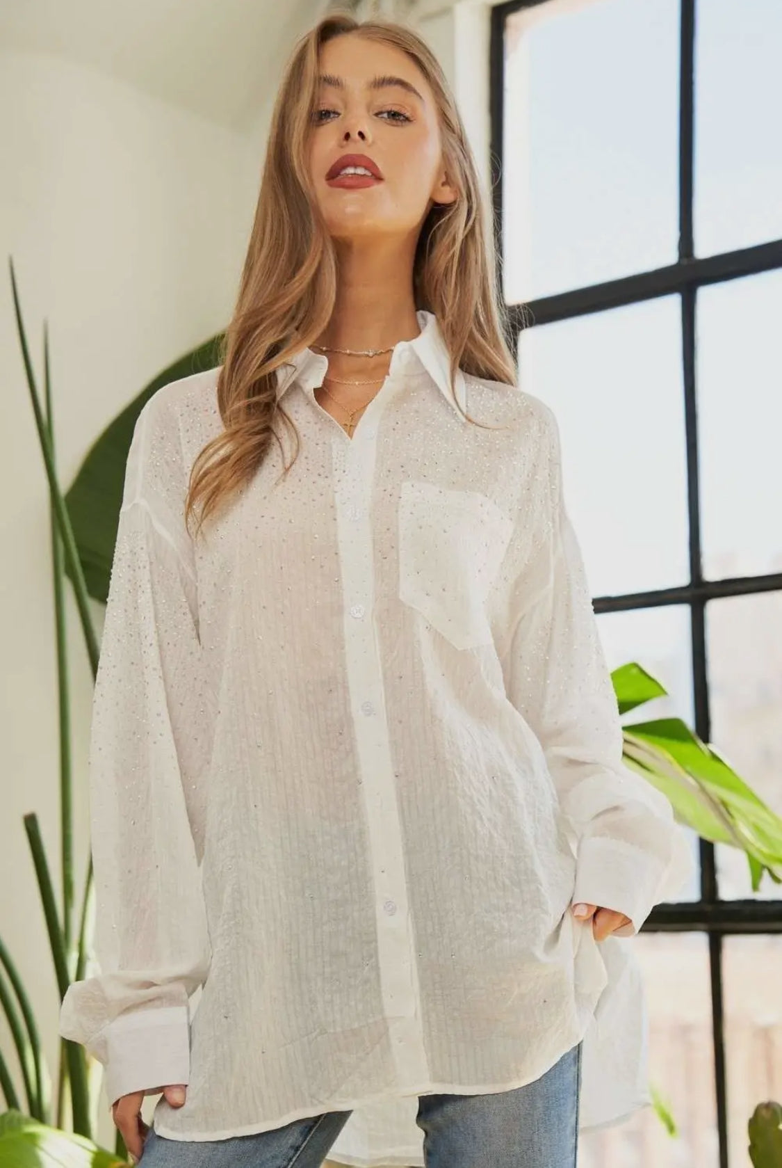 LONG SLEEVE TOP WITH RHINESTONE SCATTER