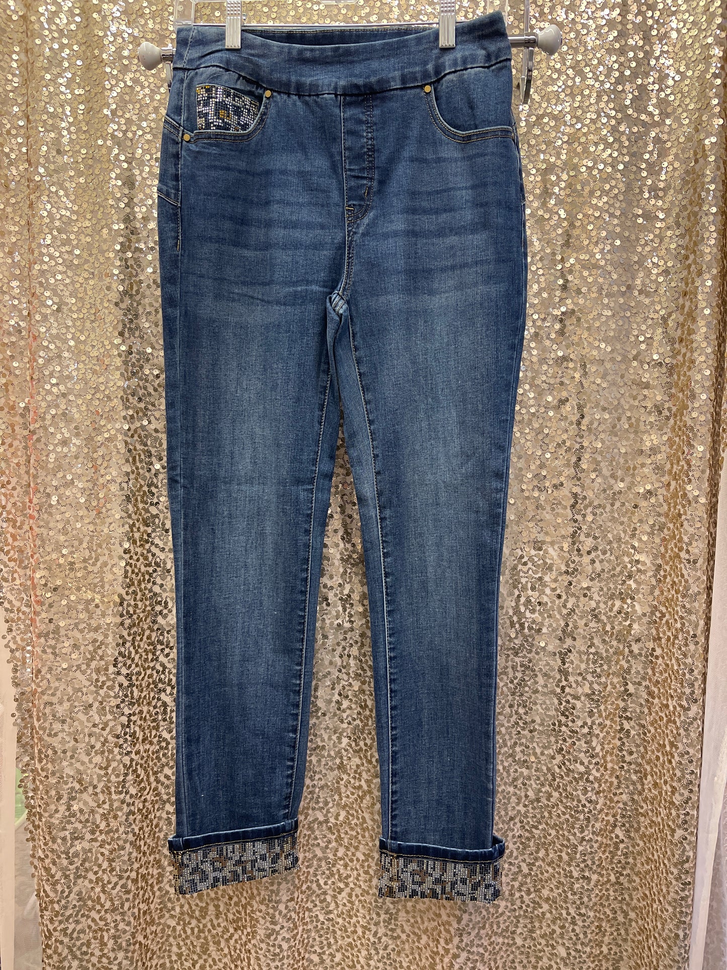 ORLY PULL ON JEANS W/LEO STONE DETAIL ON POCKET & CUFF