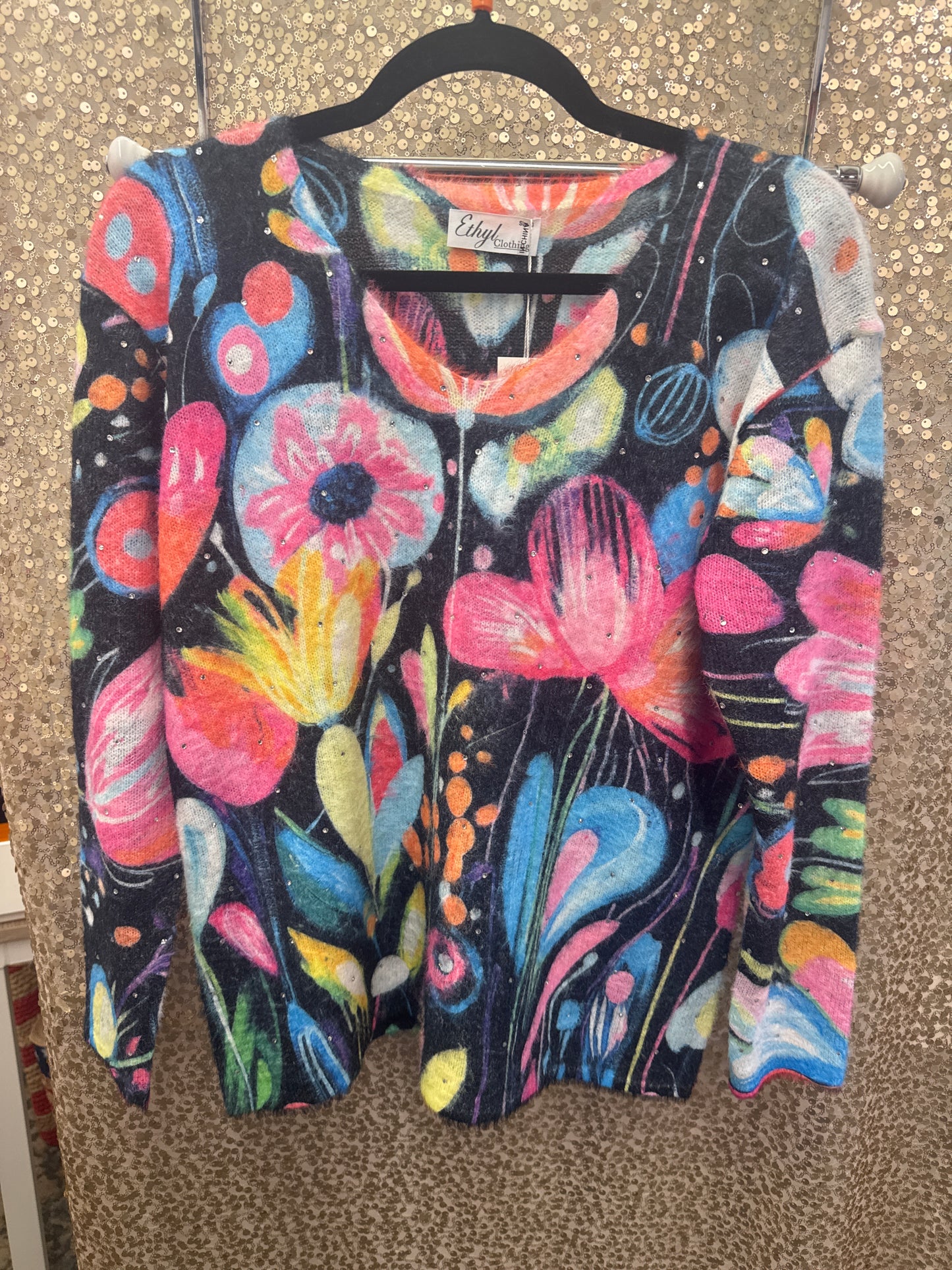ETHYL FLORAL SWEATER NEW SHORT HAIR WITH STONES