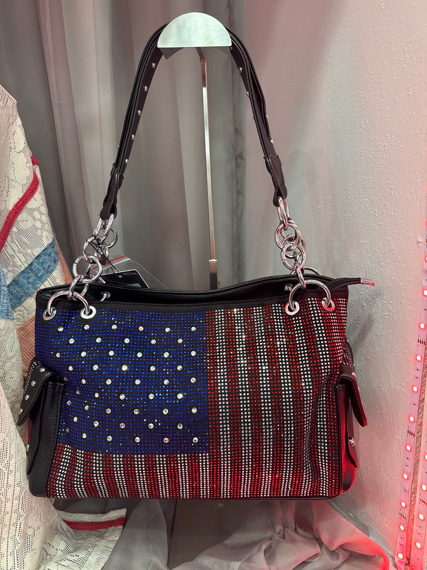 HANDBAG EXPRESS RWB FLAG RHINESTONE 2 HANDLES/SIDE POCKETS