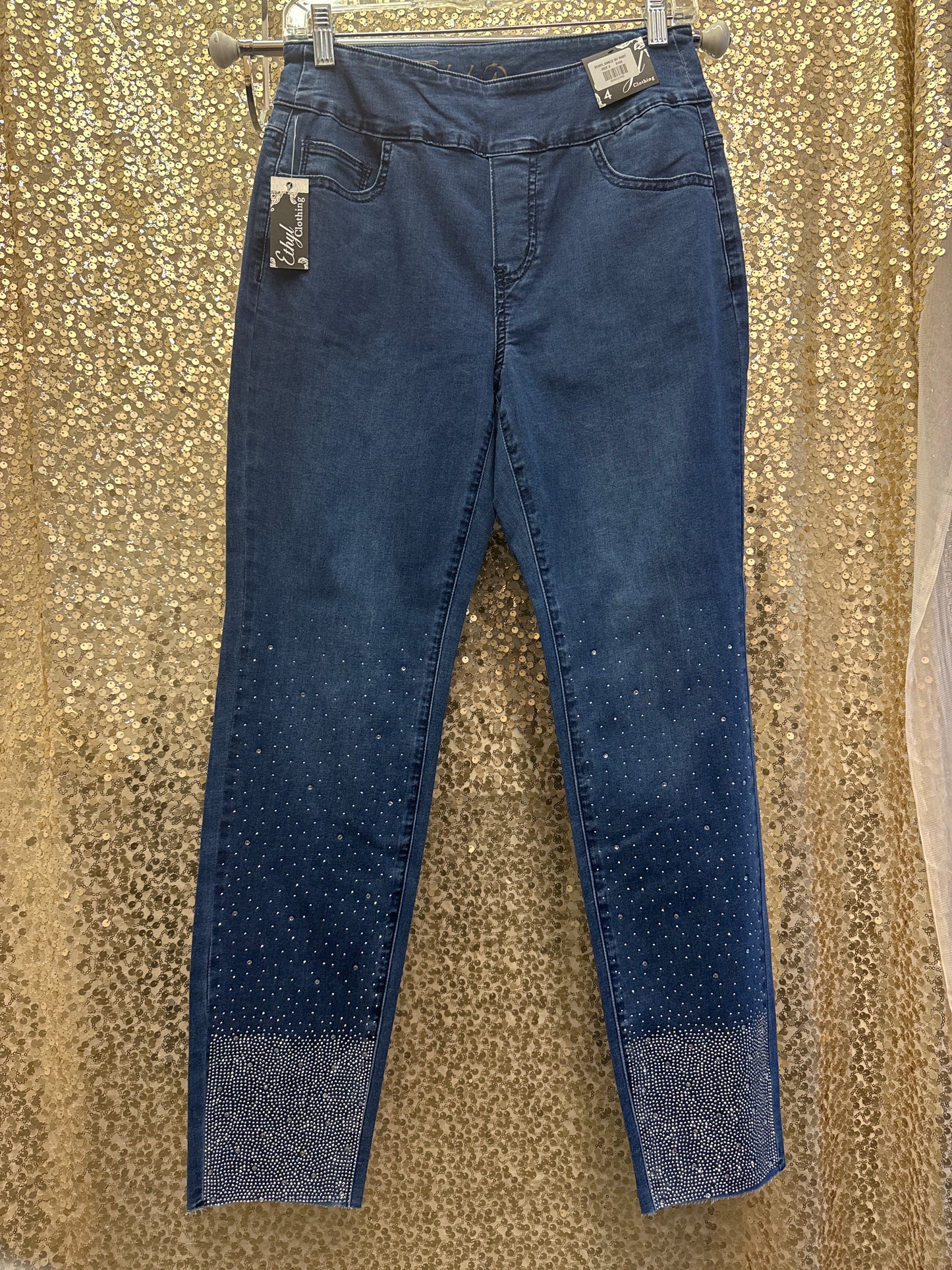 ETHYL PULLON MEDIUM WASH ANKLE LENGTH DENIM W/ RHINESTONES