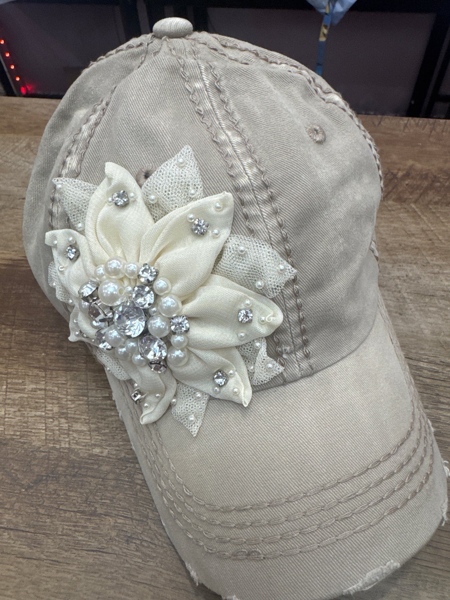 O&P SILK FLORAL DESIGN W/PEARLS & STONES KHAKI