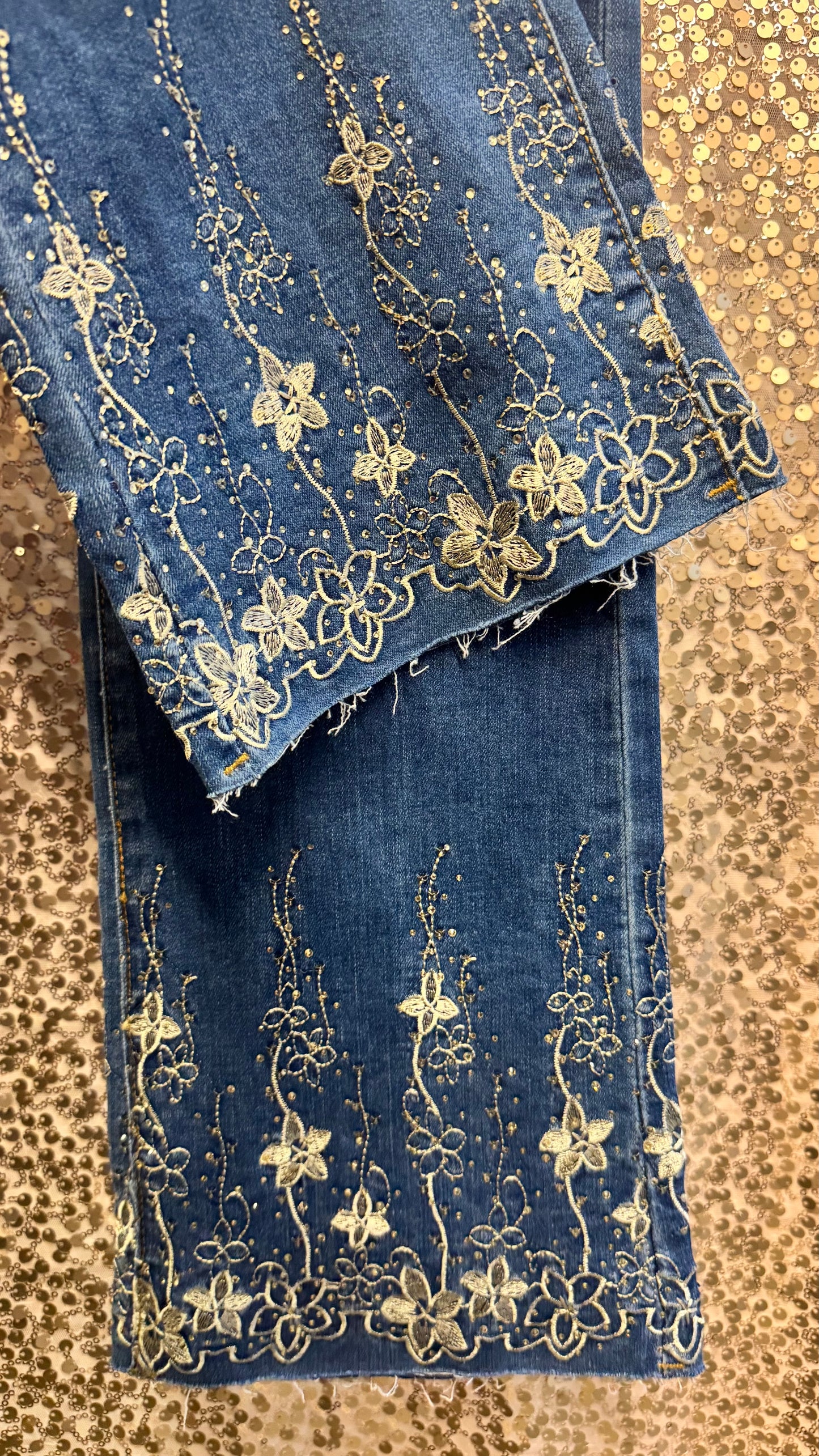 ETHYL ZIP FRONT JEAN PANT WITH TAN EMBROIDERY & RHINESTONES