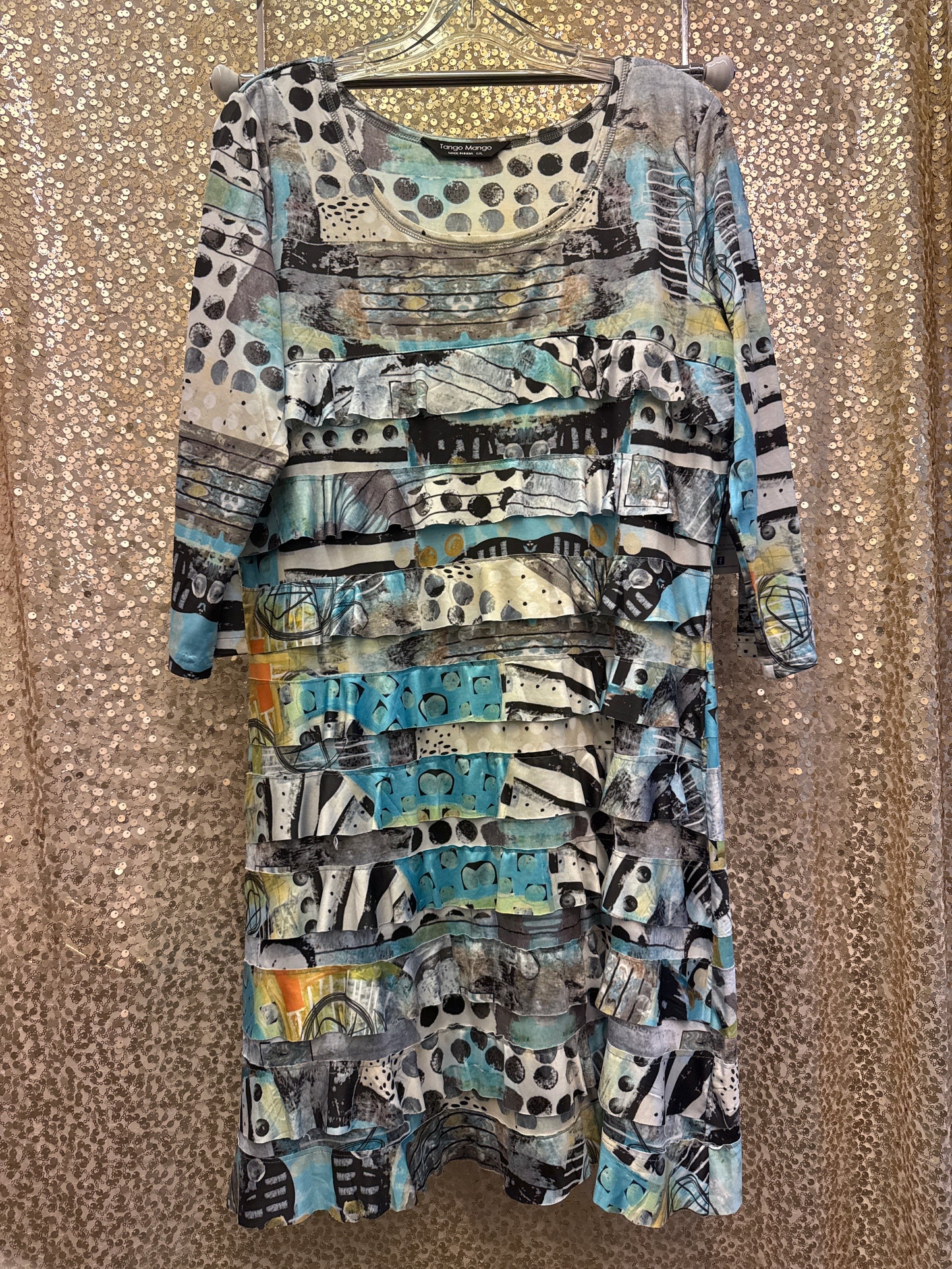 MULTI TEAL/BLACK RUFFLE DRESS