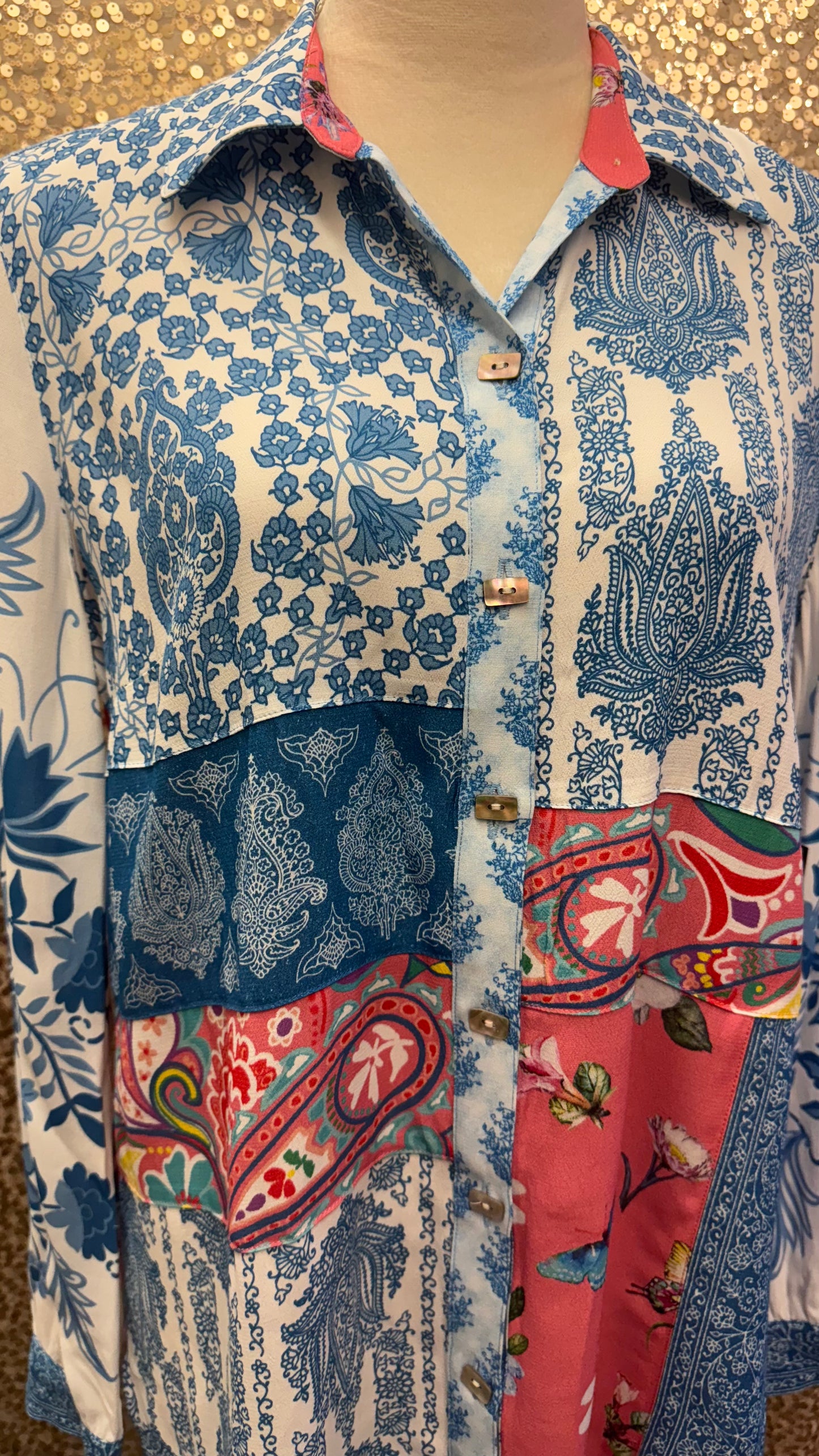 JM MULTI PRINT BUTTON FRONT LONG SLEEVE TOP