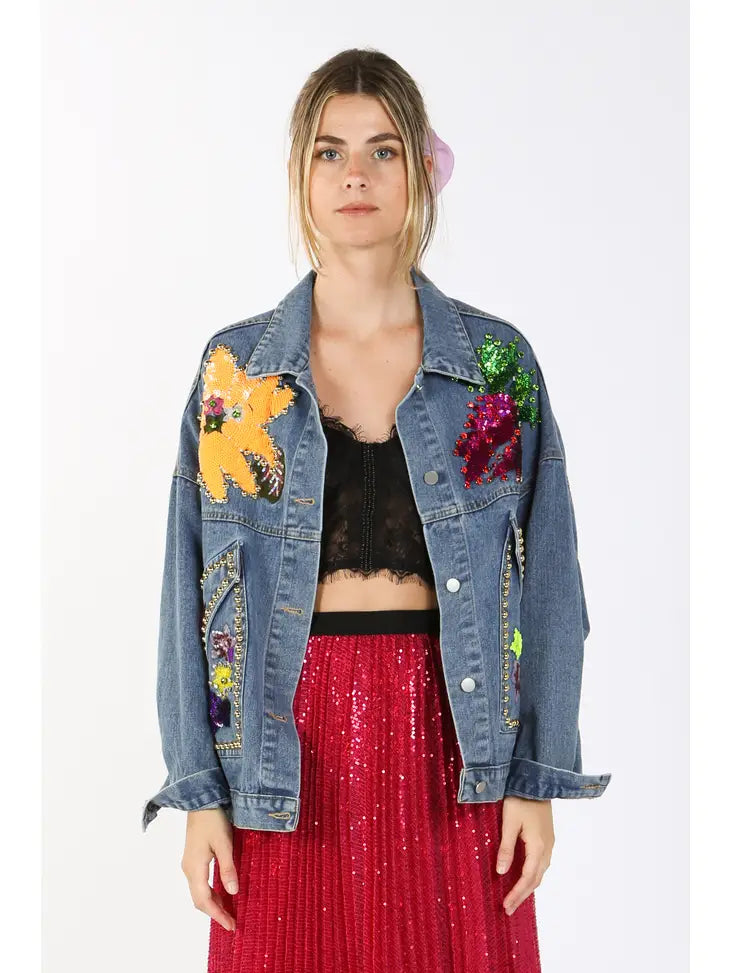 DENIM EMBELLISHED ONE SIZE JKT FLORAL/GOLD