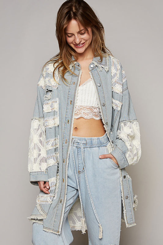 STRIPED DENIM/IVORY RAW HEM SHIRT