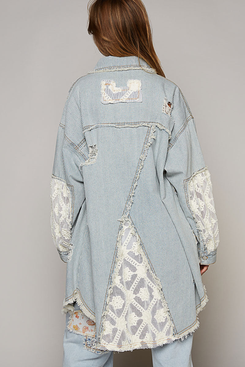 STRIPED DENIM/IVORY RAW HEM SHIRT