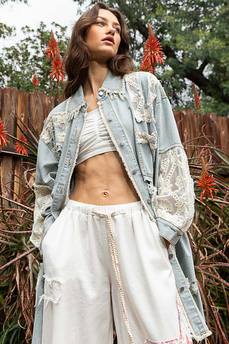 STRIPED DENIM/IVORY RAW HEM SHIRT