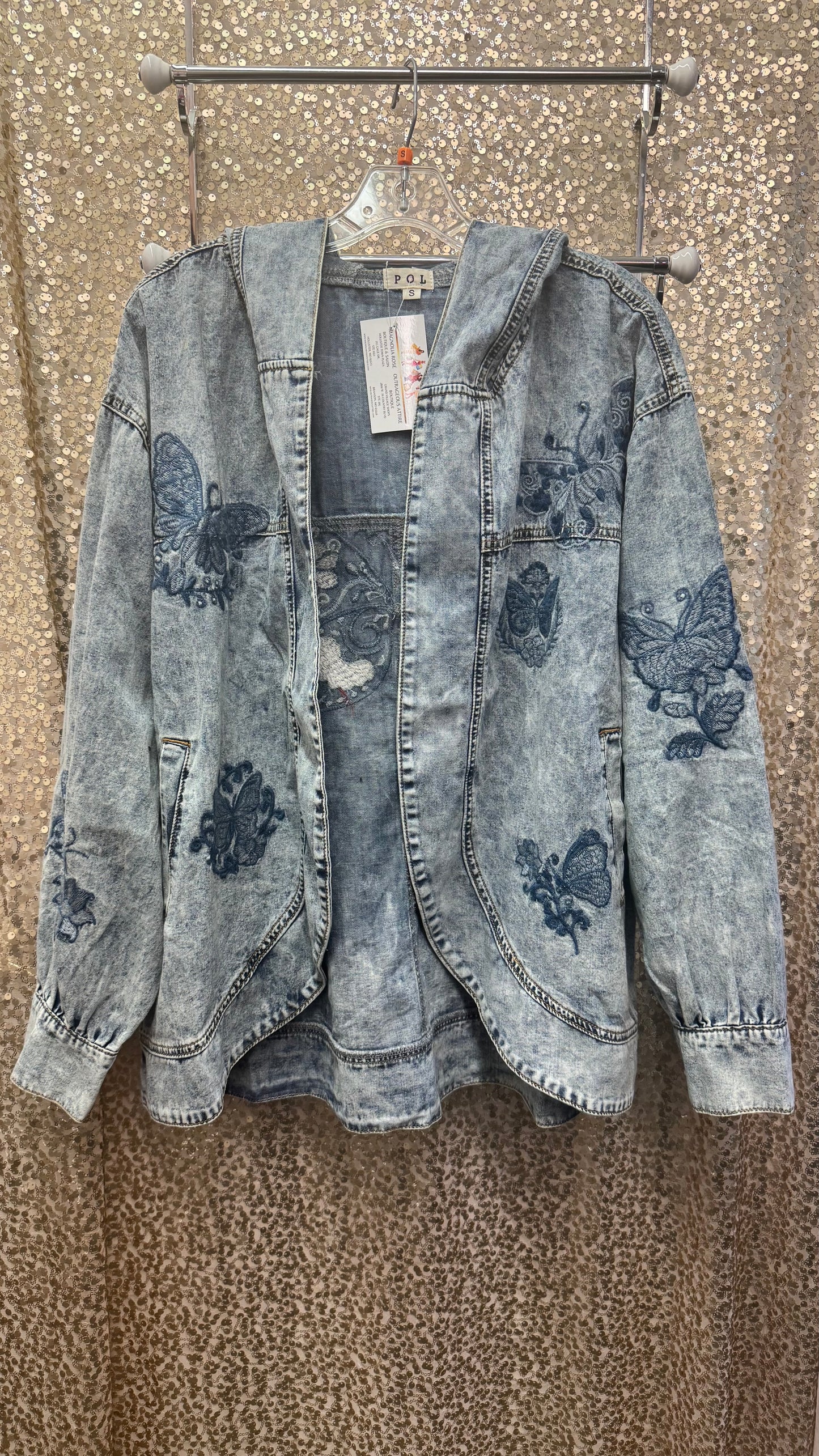 POL DENIM JACKET W/ BUTTERFLY EMBROIDERY