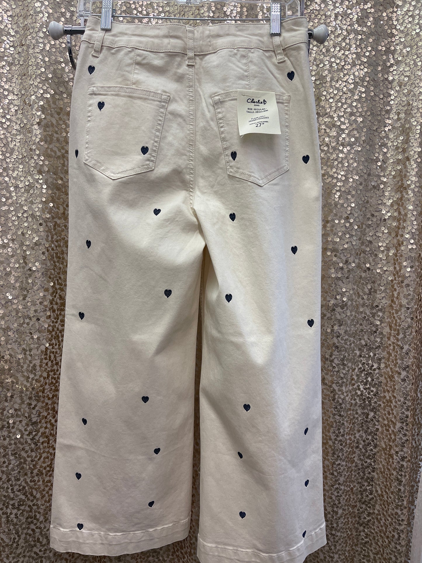 CB ALL OVER  EMB. HEART CROPPED PATCH PKT. FLARE