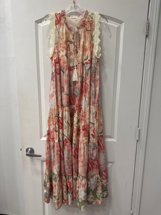 D&D FLORAL MIXED BLOCK LACE TRIM SL MIDI DRESS
