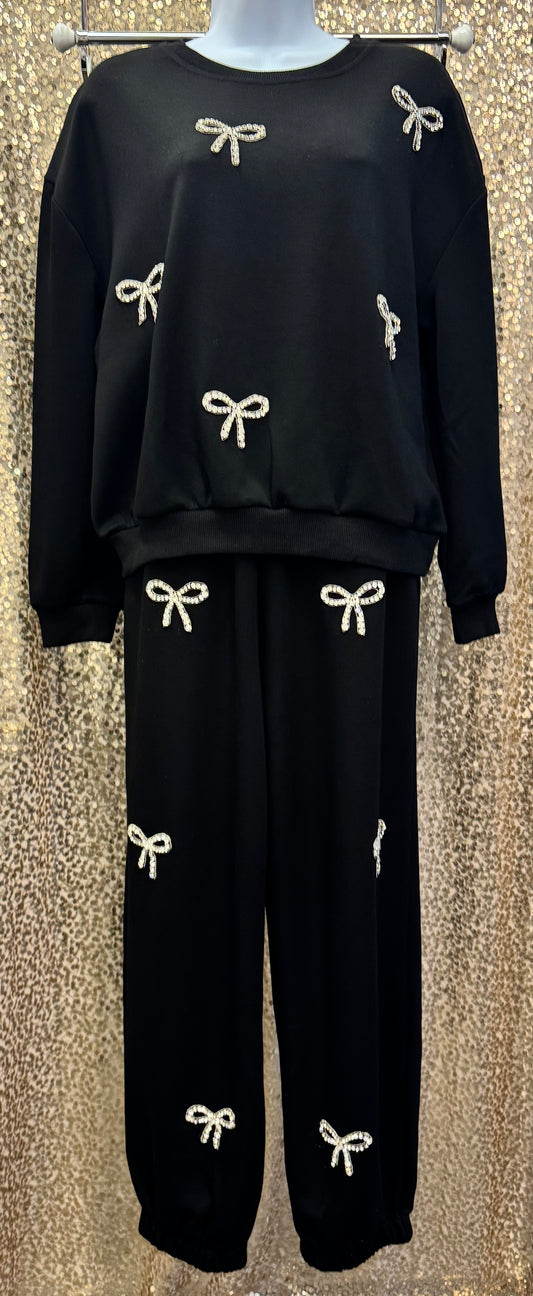 DD RHINESTONE BOW SWEATSUIT SET (TOP AND PANTS)