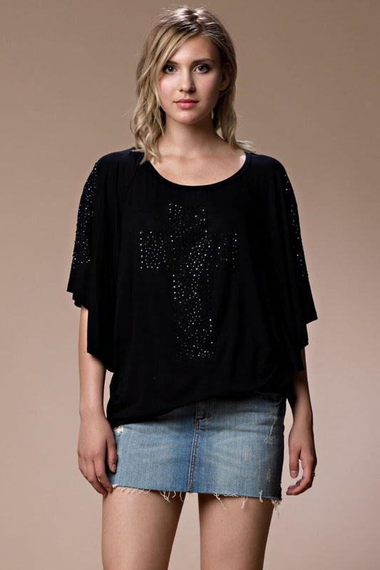 CROSS STUDDED BUTTERFLY SLEEVE TOP