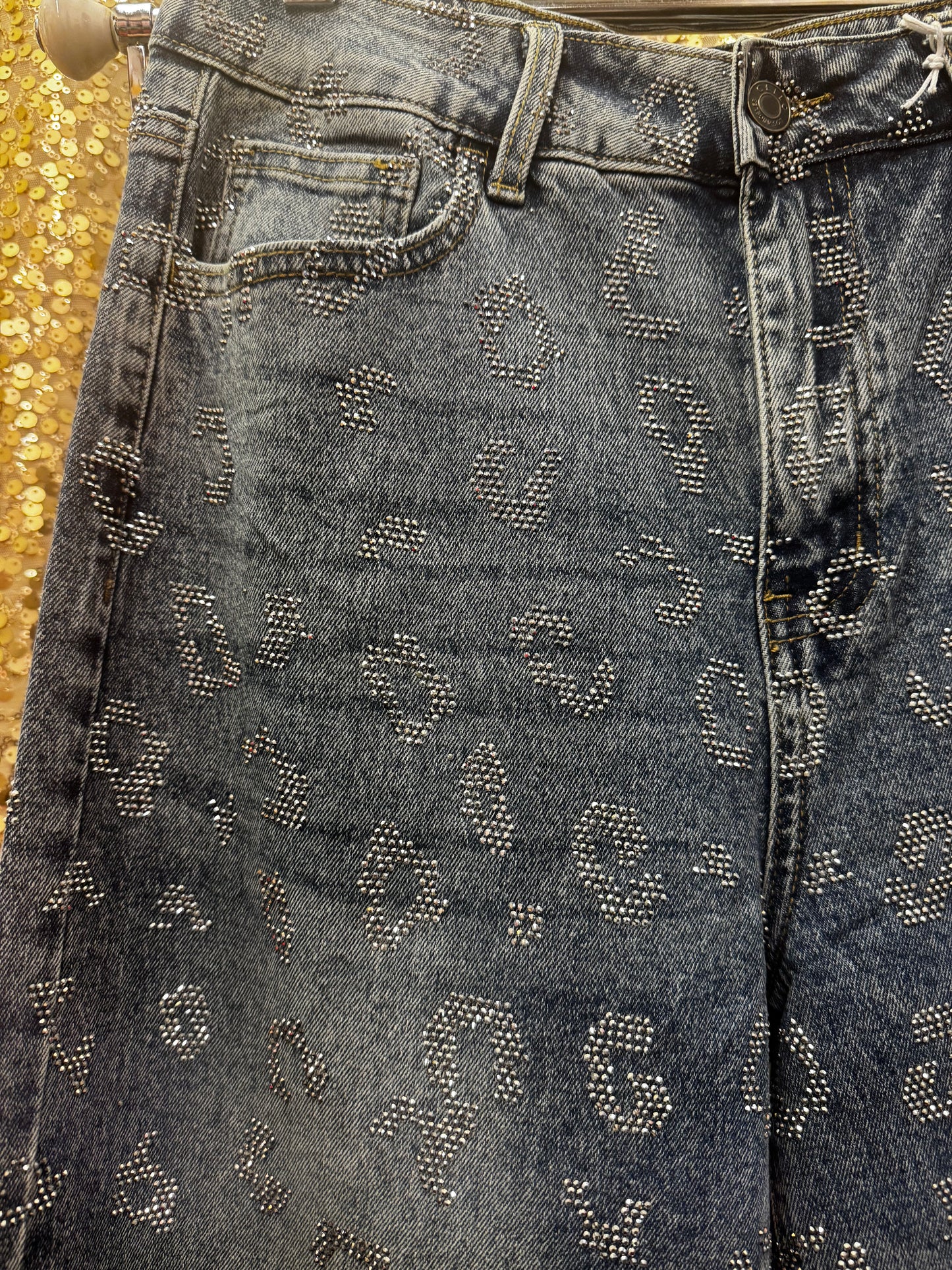 CELLO HIGH RISE WIDE LEG JEANS WITH RHINESTONES