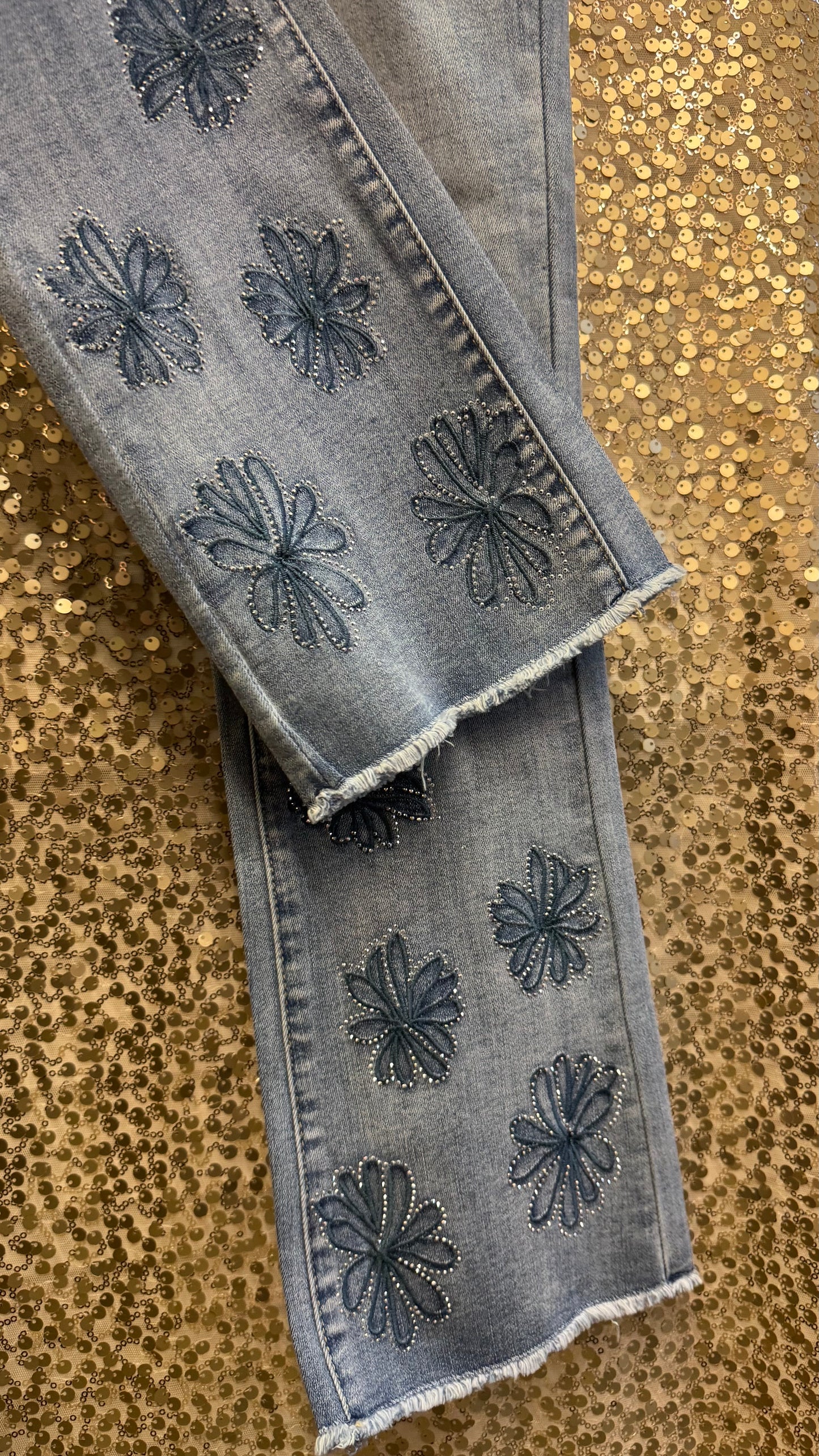 ORLY DENIM PANTS WITH RHINSTONE LINED FLOWERS