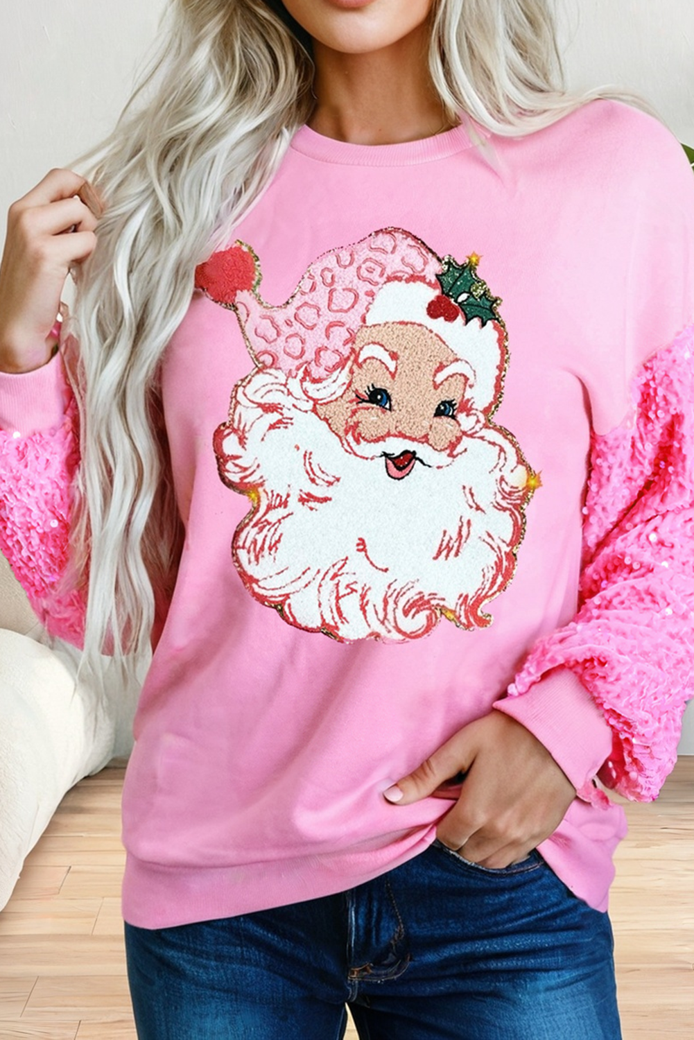 LA FATHER CHRISTMAS GRAPHIC SEQUIN LONG SLEEVE TOP