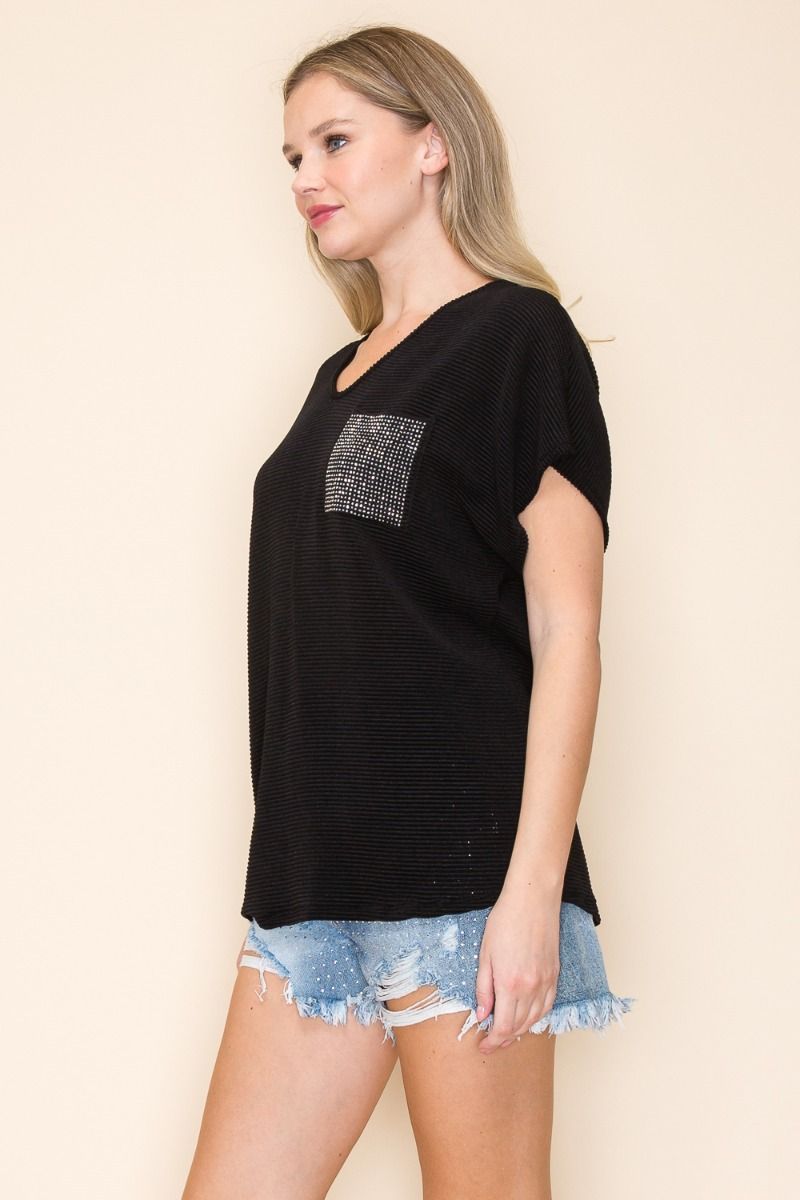 RHINESTONE POCKET KNIT TOP