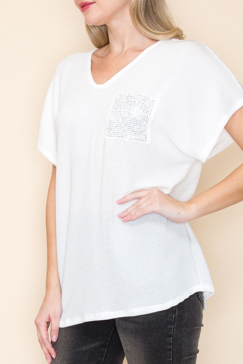 RHINESTONE POCKET KNIT TOP