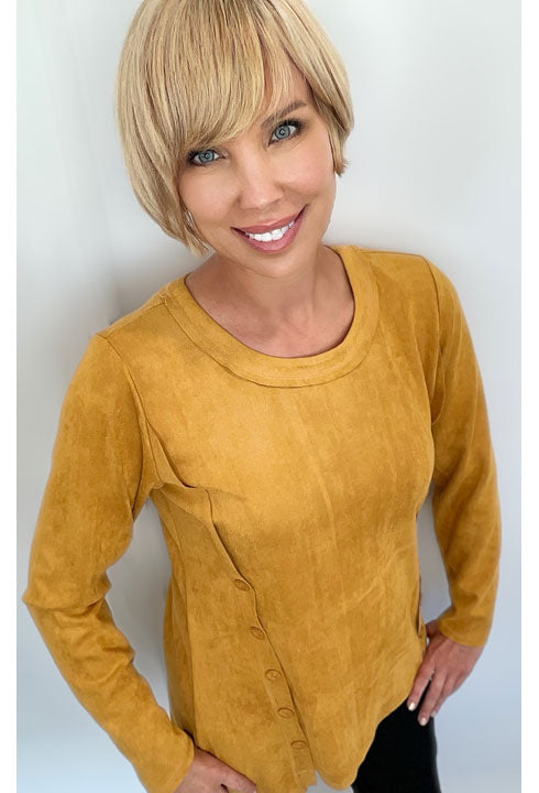 ETHYL SUEDE KNIT BUTTON ACCENT TOP