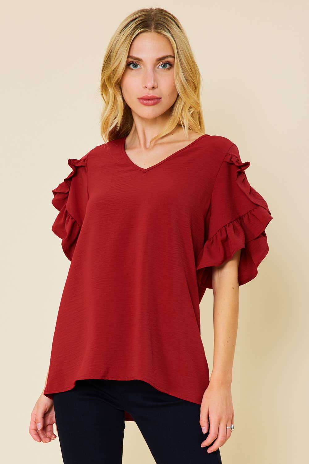 FSL RUFFLED TULIP SLEEVE V NECK TOP