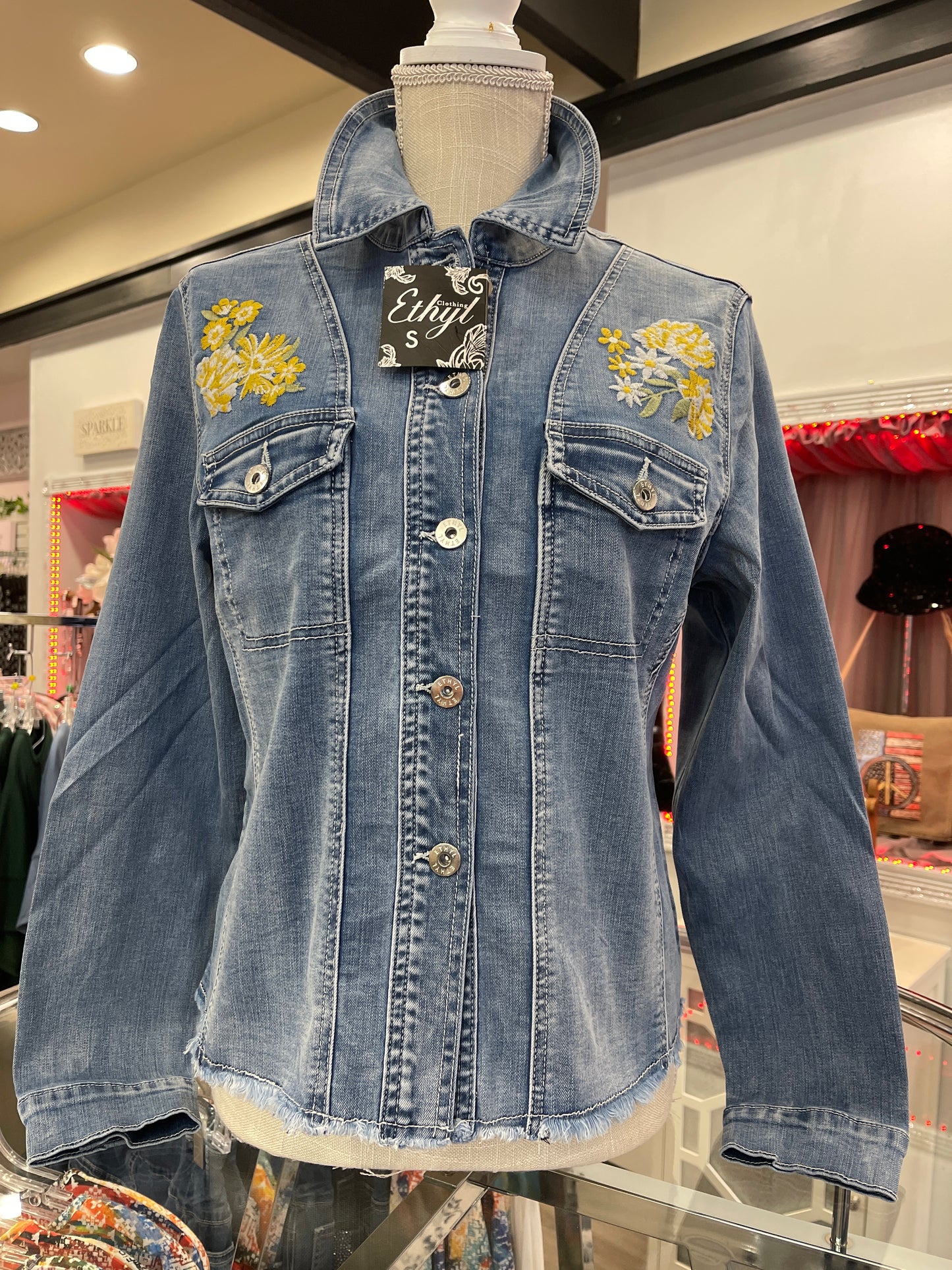 ETHYL DENIM JACKET WITH YELLOW FLOWER EMB.