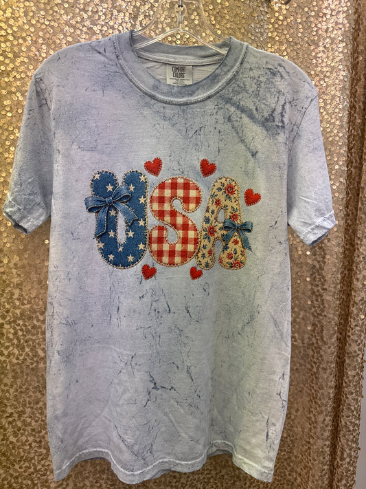 CUSTOM COMFORT COLORS USA PATCHWORK STYLE TEE/GILDEN BLEACHED