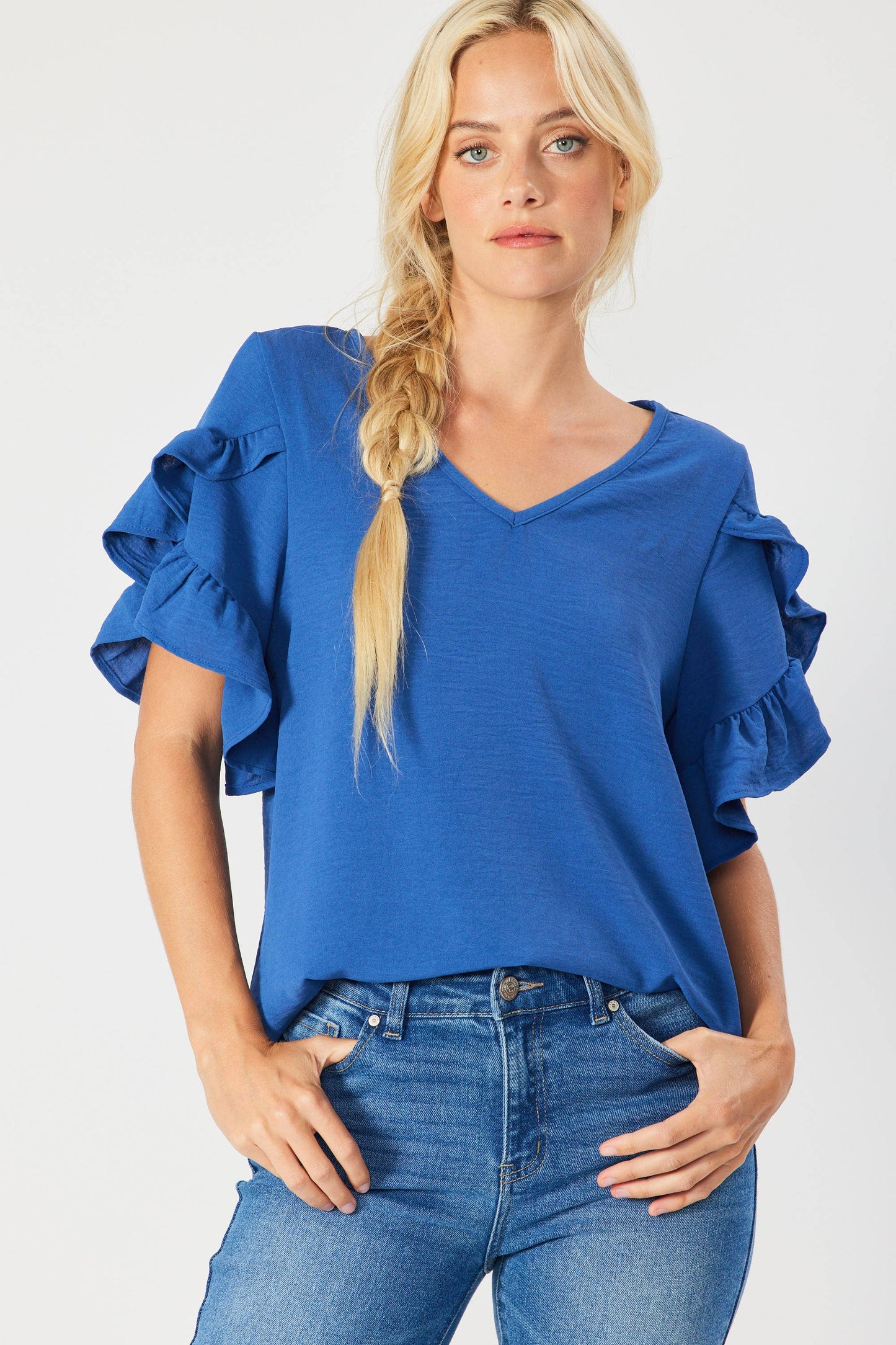 FSL RUFFLED TULIP SLEEVE V NECK TOP