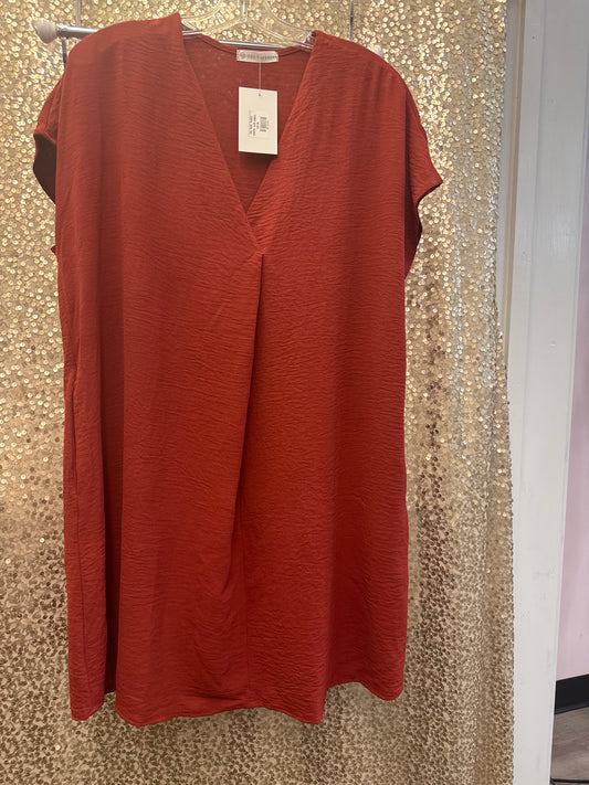 FSL VNECK RELAXED FIT SHORT SLEEVE DRESS RUST
