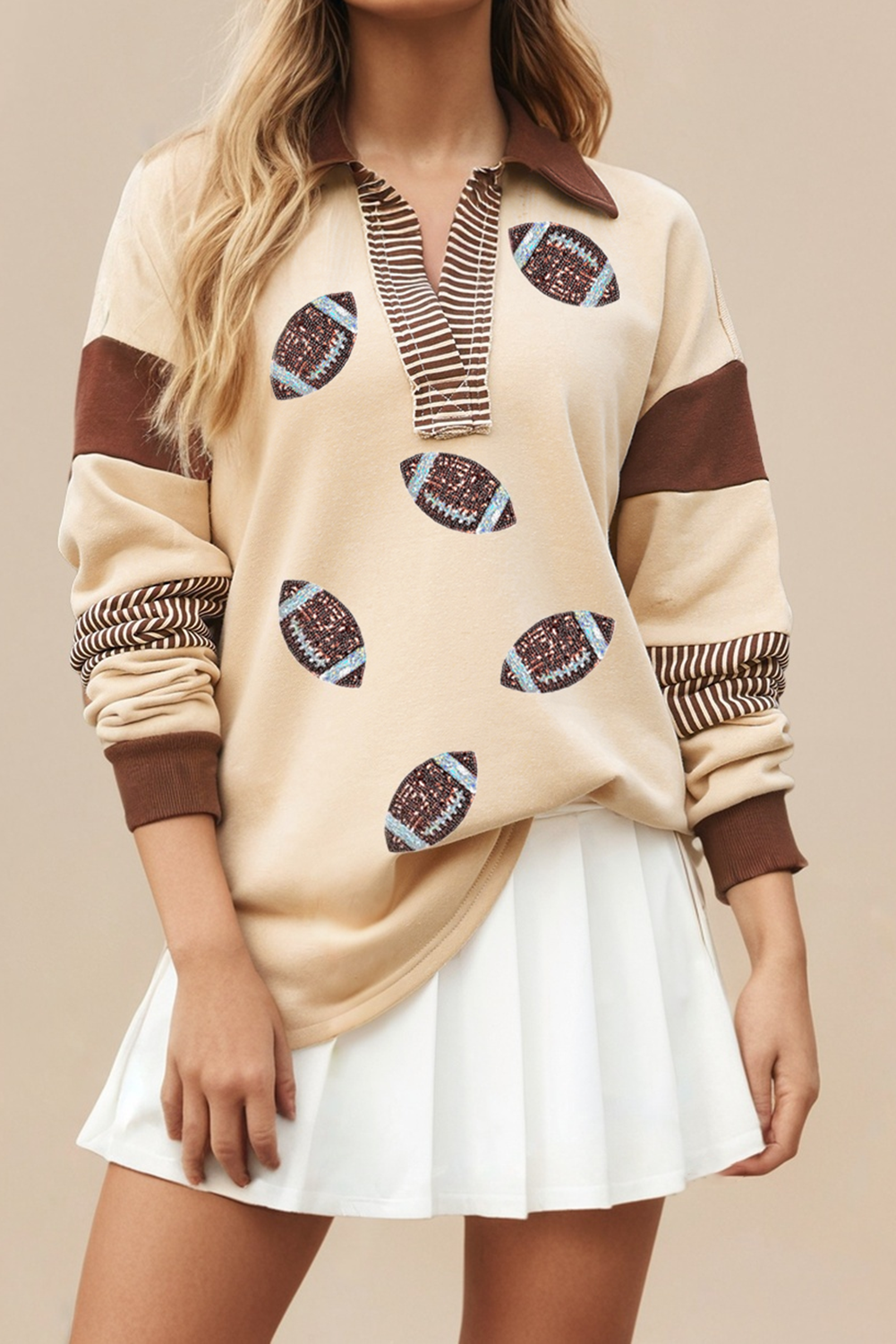 LA STRIPED PATCHWORK SEQUIN RUGBY GRAPHIC POLO SWEATSHIRT