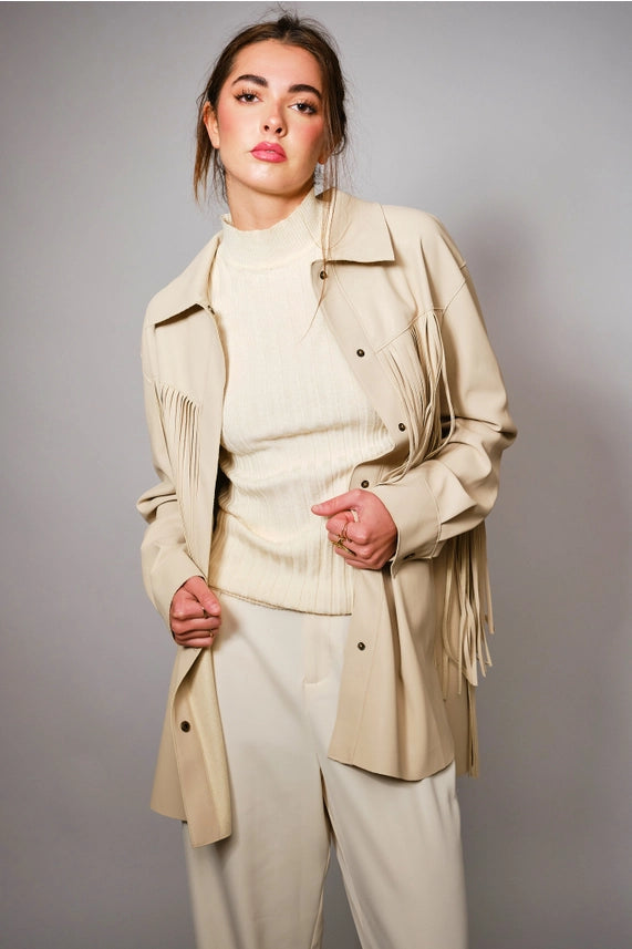 BB FRINGE TRIM FAUX LEATHER SNAP JACKET