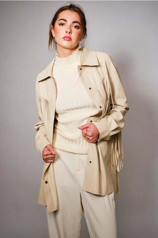 BB FRINGE TRIM FAUX LEATHER SNAP JACKET