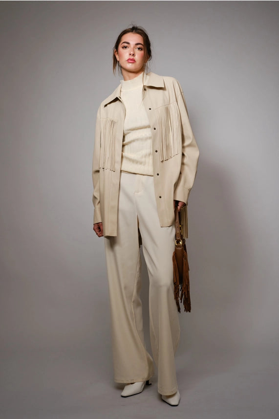 BB FRINGE TRIM FAUX LEATHER SNAP JACKET