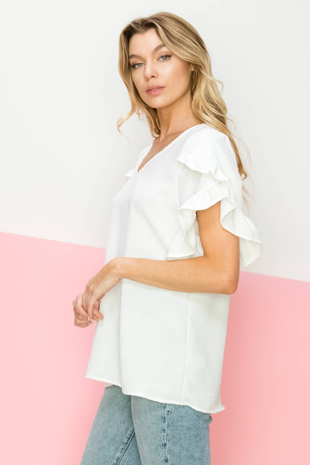 FSL RUFFLED TULIP SLEEVE V NECK TOP