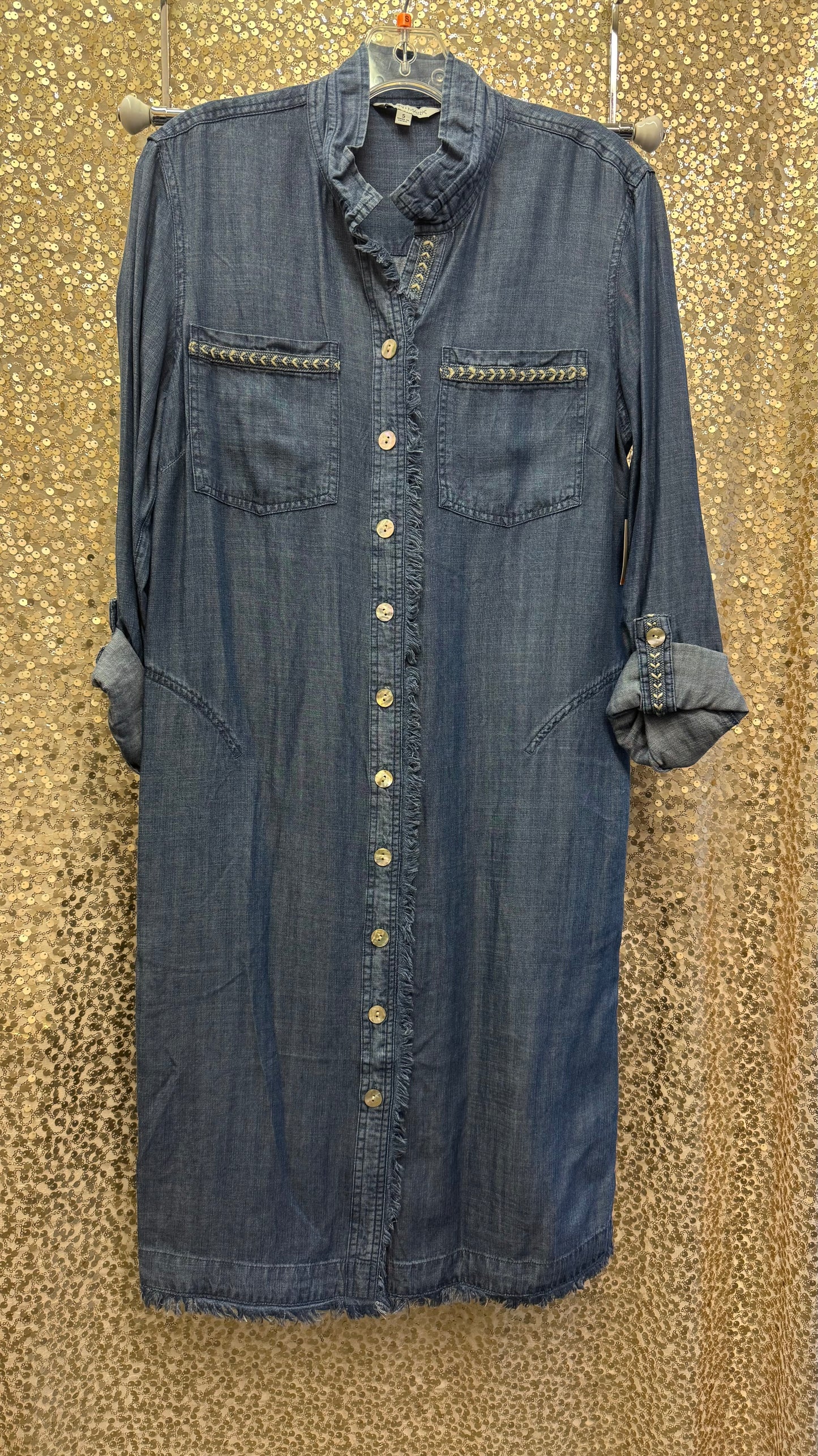 JM BUTTON FRONT DENIM DRESS W/ TRIM & ROLL TAB SLEEVES