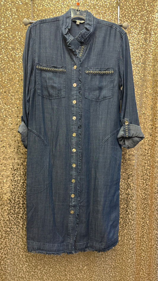 JM BUTTON FRONT DENIM DRESS W/ TRIM & ROLL TAB SLEEVES