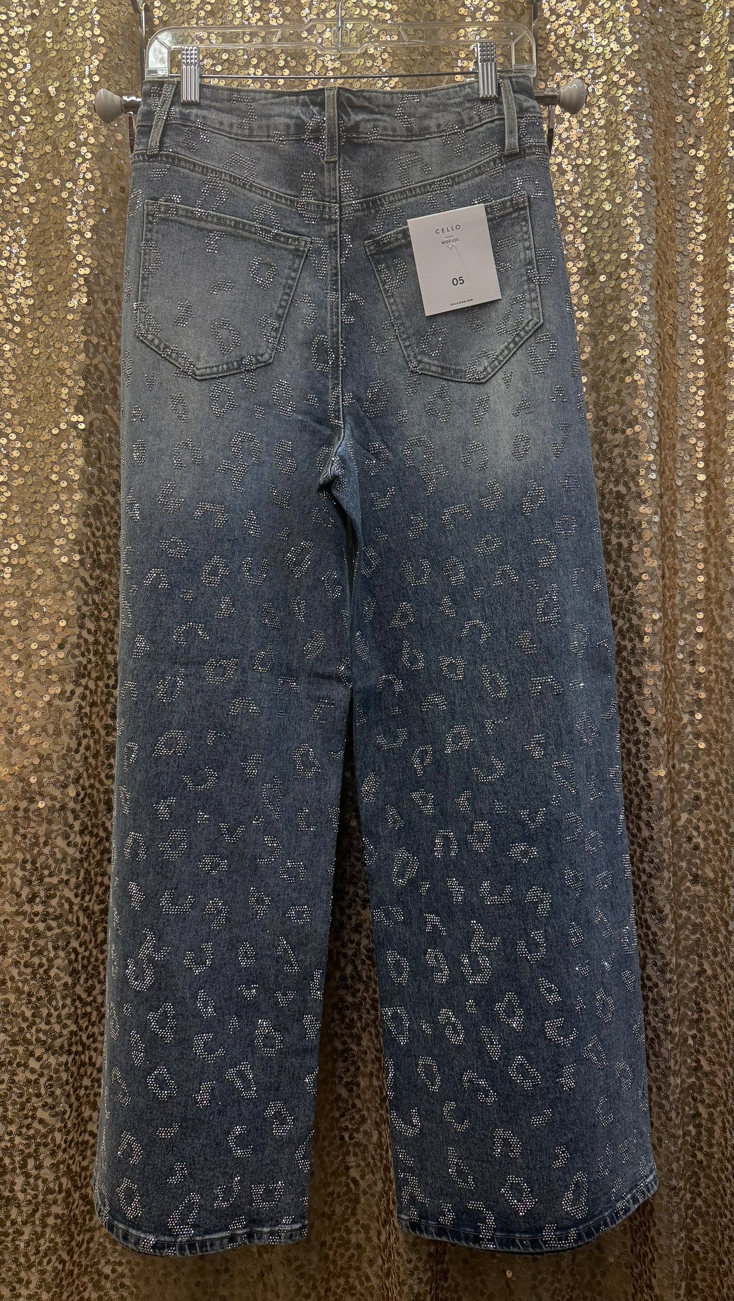 CELLO HIGH RISE WIDE LEG JEANS WITH RHINESTONES