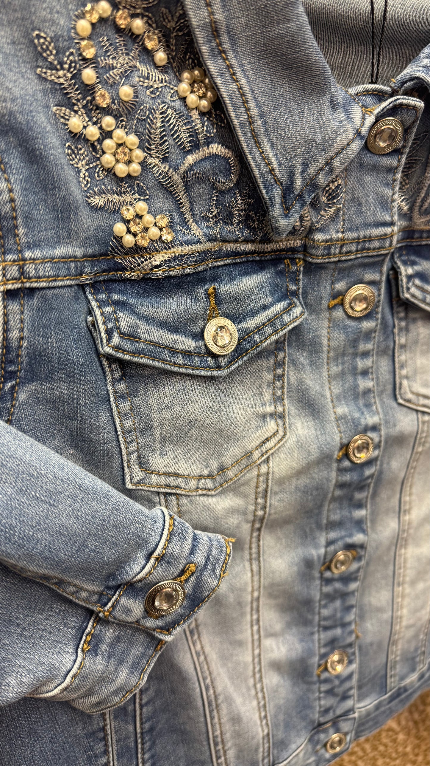 ORLY PEARL AND RHINESTONE EMBELLISHED DENIM JACKET