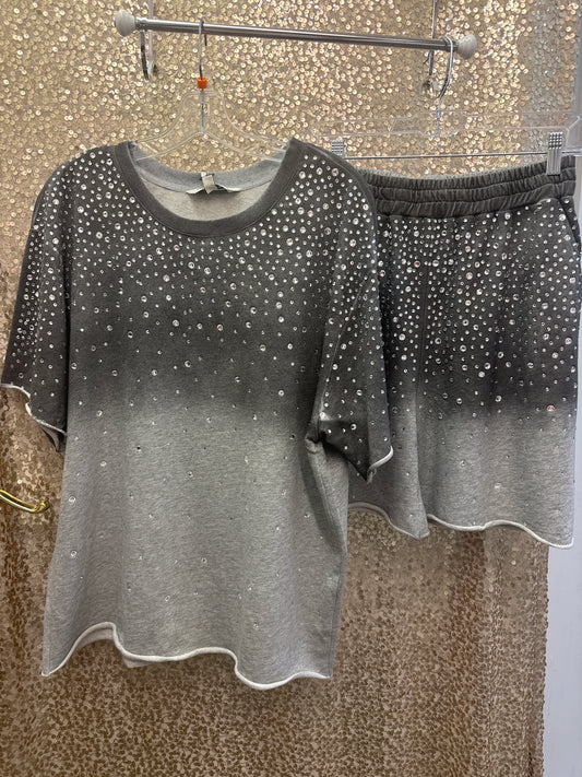 D&D 2PIECE SET GREY RHINESTONE S/S TOP AND RHINESTONE SHORTS