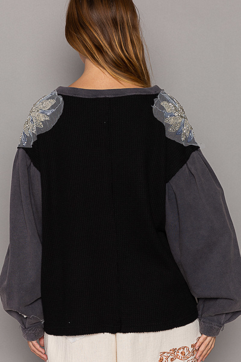 VNECK CHIC TOP W/APPLIQUED SHOULDERS & PATCHES