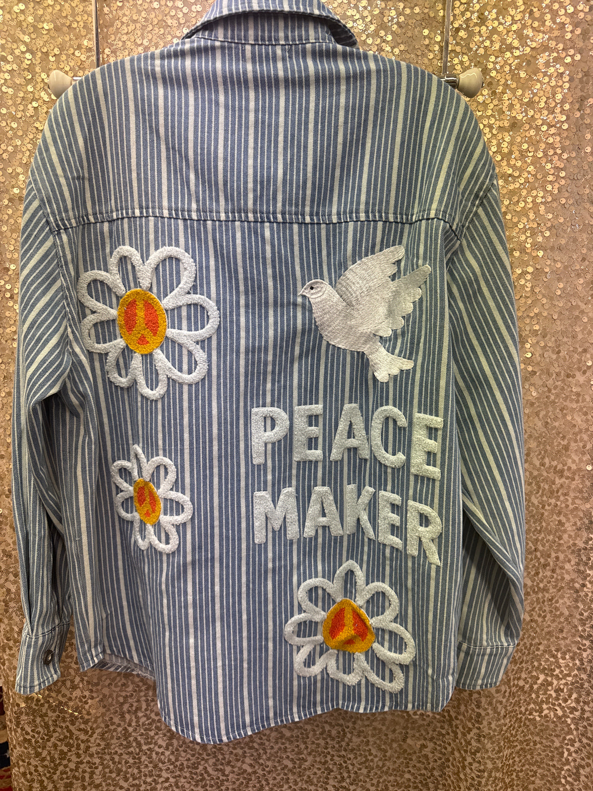 DD DENIM BLUE STRIPE PEACE MAKER ON BACK WITH DOVE