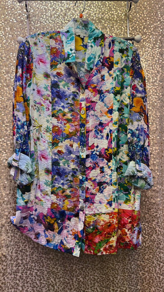 JM FLORAL PRINT BUTTON FRONT TOP W/ WIRE COLLAR