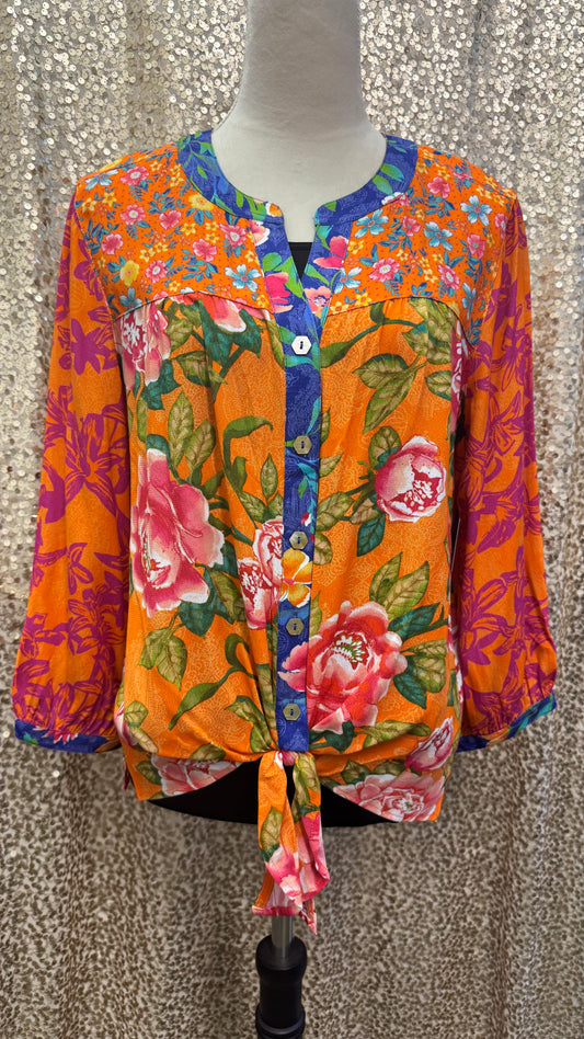 JM FLORAL PRINT TIE FRONT TOP WITH 3/4 SLEEVES