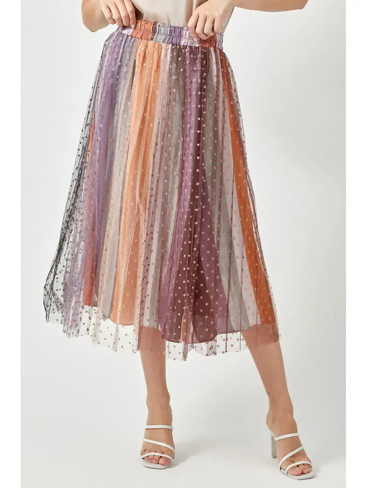 STAR FOILED MESH COLOR BLOCK SKIRT